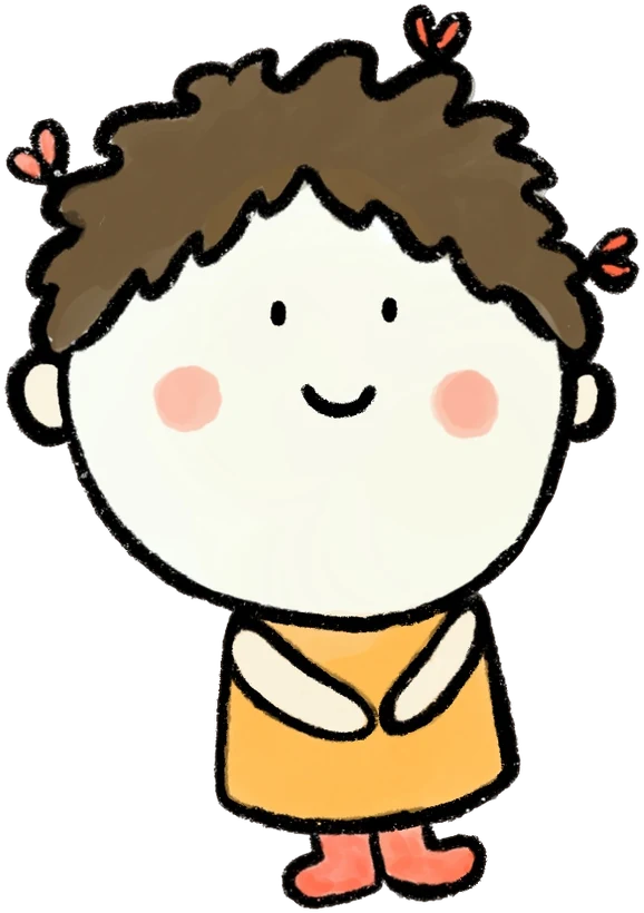Pearl, a smiling girl with curly brown hair, heart hair ties and an orange dress.